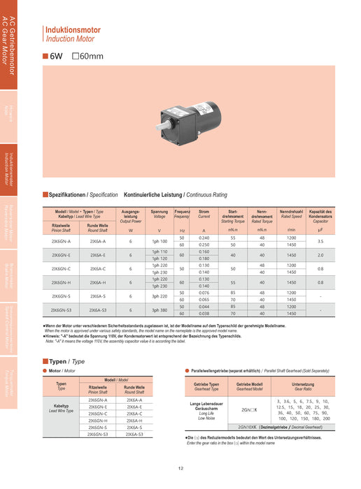 AC Gearmotor 6W, Induction motor with gearbox